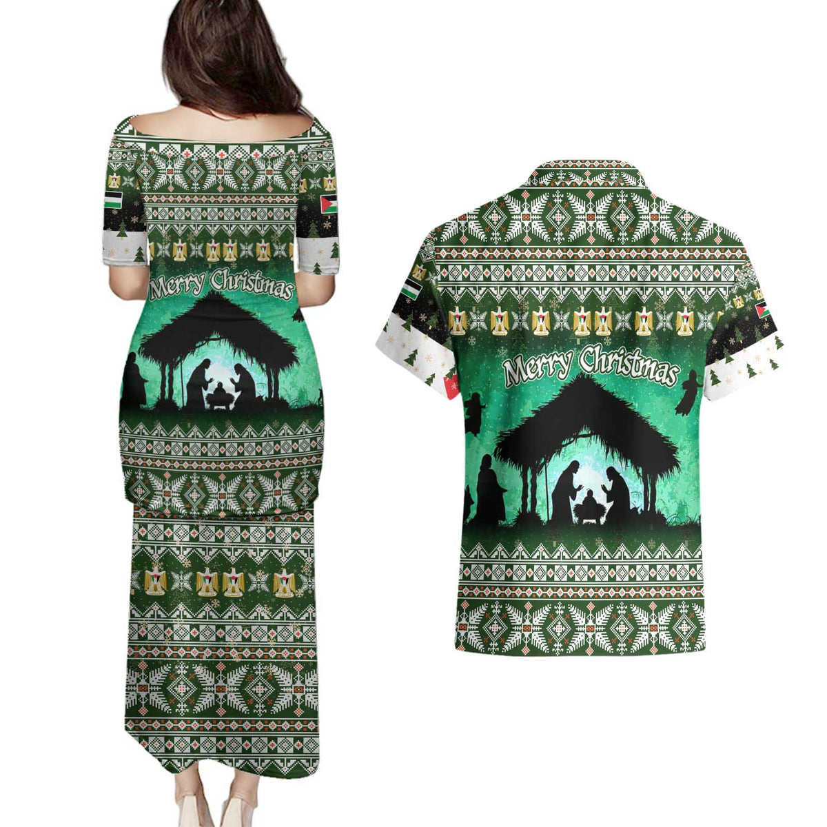 Palestine Christmas Couples Matching Puletasi and Hawaiian Shirt with Green-White Theme, Tree Ornaments, and Nativity Scene Motif - Wonder Print Shop