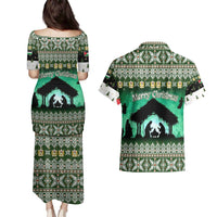 Palestine Christmas Couples Matching Puletasi and Hawaiian Shirt with Green-White Theme, Tree Ornaments, and Nativity Scene Motif - Wonder Print Shop