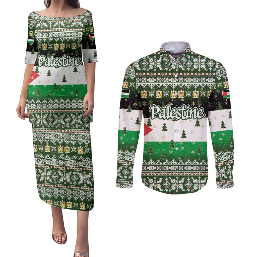 Palestine Christmas Couples Matching Puletasi and Long Sleeve Button Shirt with Green-White Theme, Tree Ornaments, and Nativity Scene Motif - Wonder Print Shop