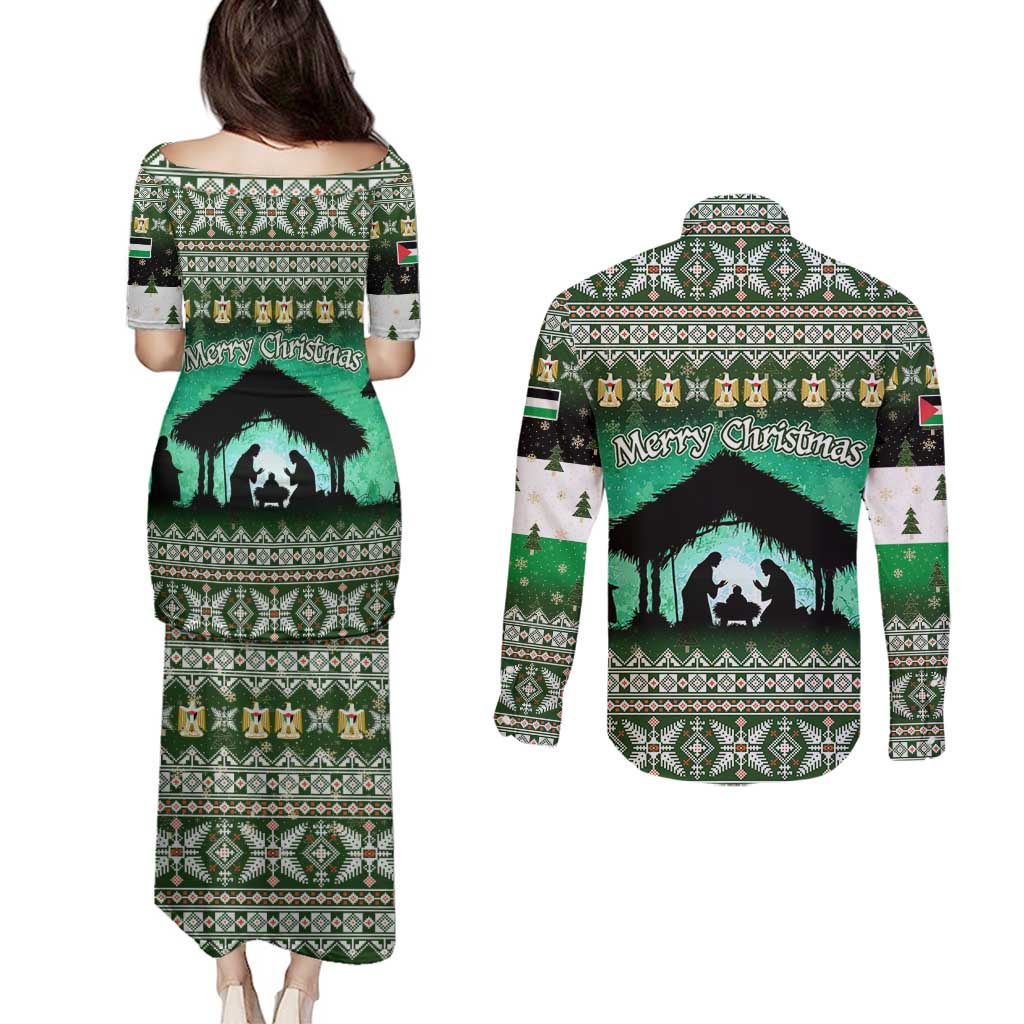 Palestine Christmas Couples Matching Puletasi and Long Sleeve Button Shirt with Green-White Theme, Tree Ornaments, and Nativity Scene Motif - Wonder Print Shop