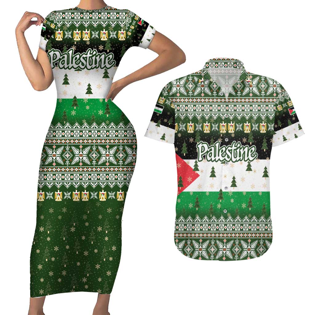 Palestine Christmas Couples Matching Short Sleeve Bodycon Dress and Hawaiian Shirt with Green-White Theme, Tree Ornaments, and Nativity Scene Motif - Wonder Print Shop