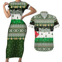 Palestine Christmas Couples Matching Short Sleeve Bodycon Dress and Hawaiian Shirt with Green-White Theme, Tree Ornaments, and Nativity Scene Motif - Wonder Print Shop