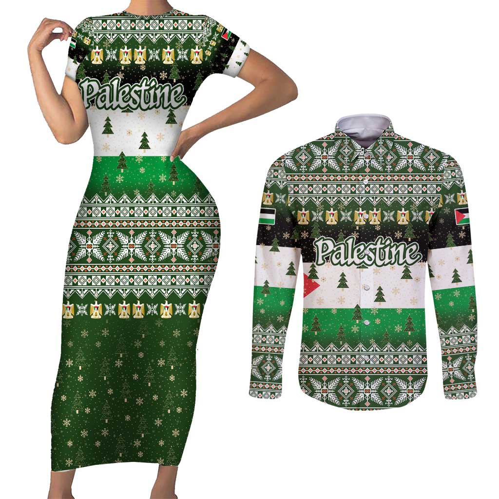 Palestine Christmas Couples Matching Short Sleeve Bodycon Dress and Long Sleeve Button Shirt with Green-White Theme, Tree Ornaments, and Nativity Scene Motif - Wonder Print Shop