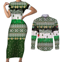 Palestine Christmas Couples Matching Short Sleeve Bodycon Dress and Long Sleeve Button Shirt with Green-White Theme, Tree Ornaments, and Nativity Scene Motif - Wonder Print Shop