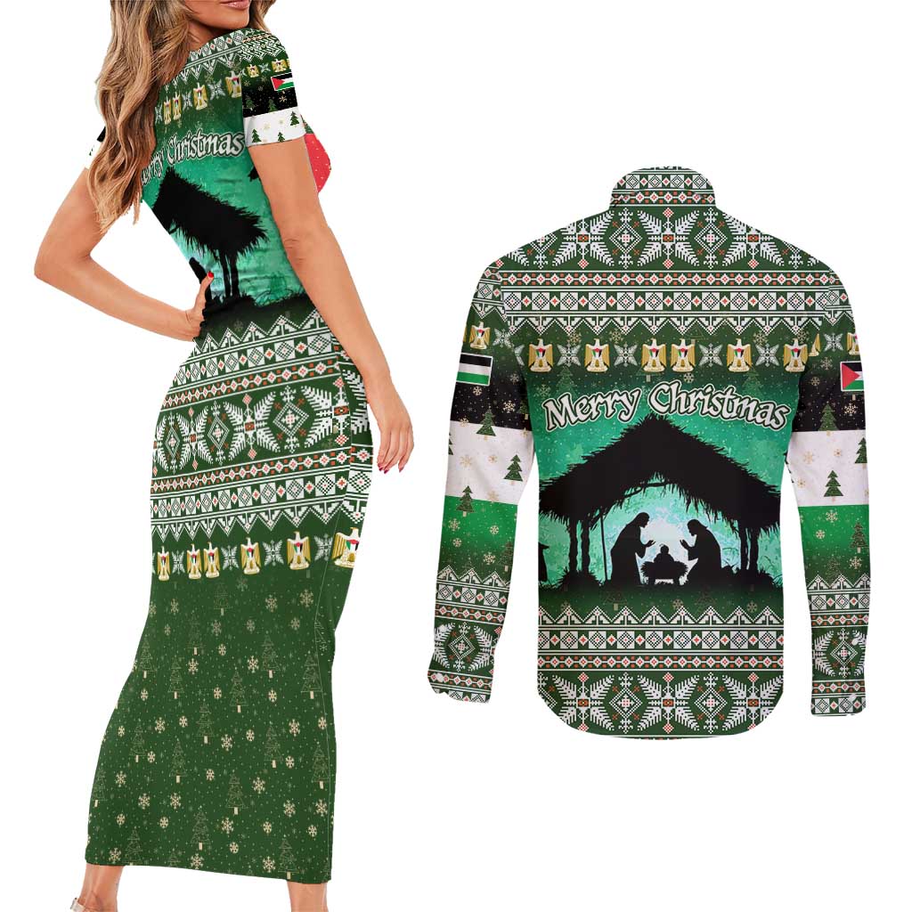 Palestine Christmas Couples Matching Short Sleeve Bodycon Dress and Long Sleeve Button Shirt with Green-White Theme, Tree Ornaments, and Nativity Scene Motif - Wonder Print Shop