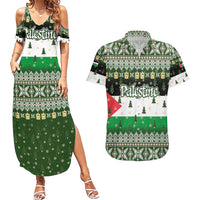 Palestine Christmas Couples Matching Summer Maxi Dress and Hawaiian Shirt with Green-White Theme, Tree Ornaments, and Nativity Scene Motif - Wonder Print Shop