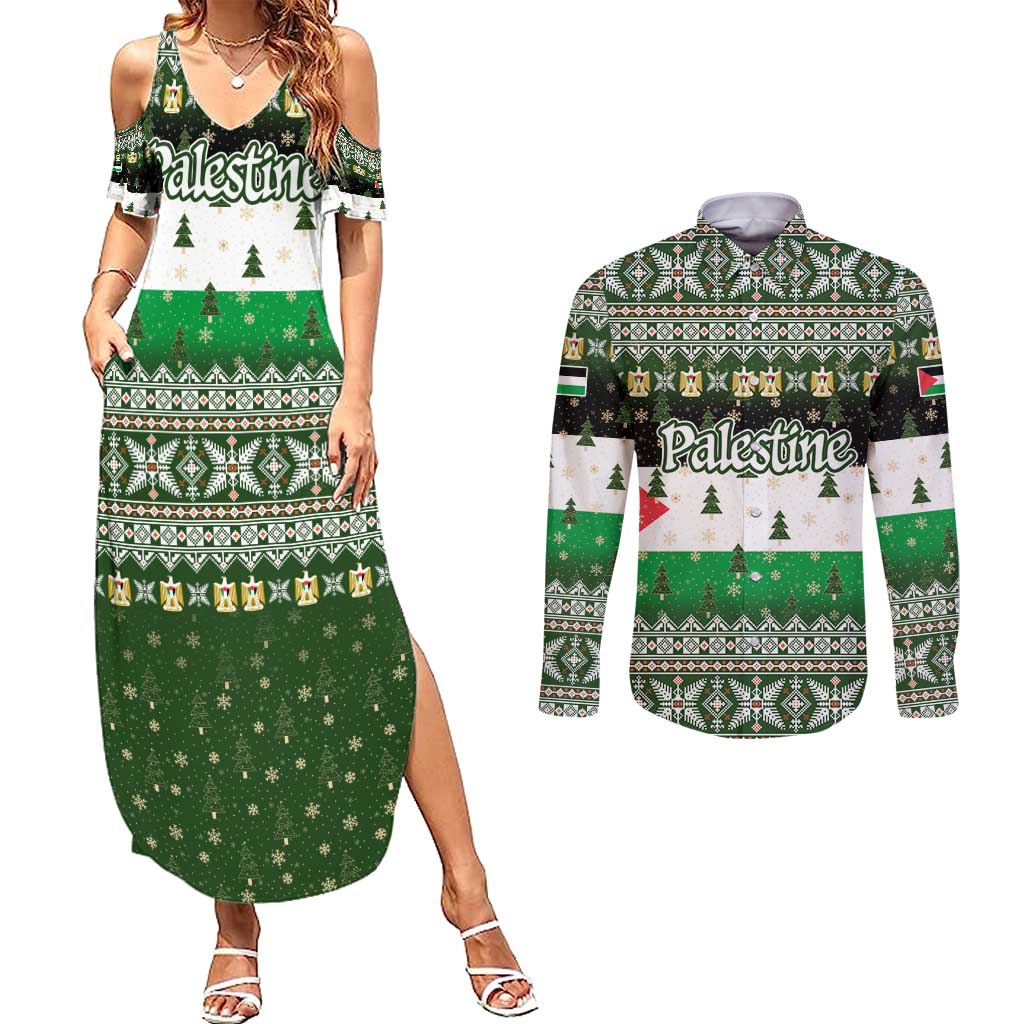Palestine Christmas Couples Matching Summer Maxi Dress and Long Sleeve Button Shirt with Green-White Theme, Tree Ornaments, and Nativity Scene Motif - Wonder Print Shop