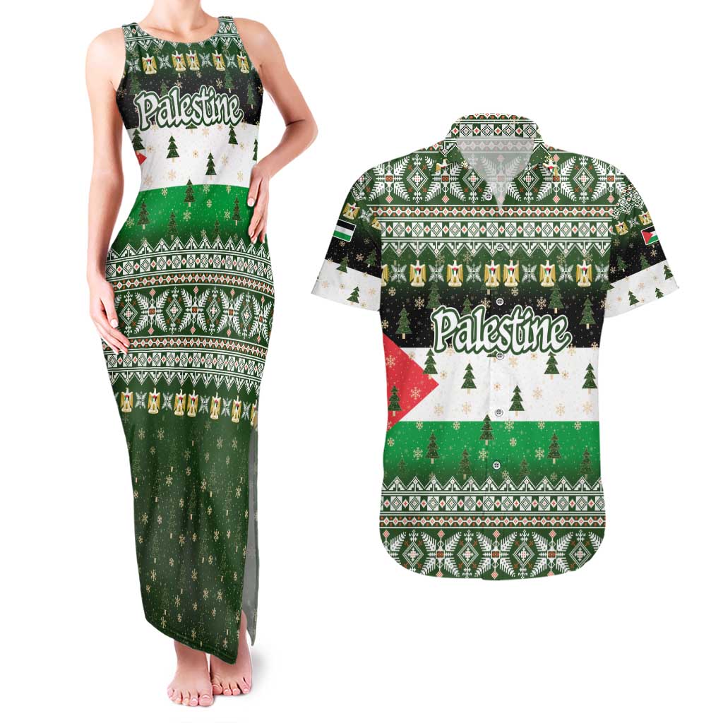 Palestine Christmas Couples Matching Tank Maxi Dress and Hawaiian Shirt with Green-White Theme, Tree Ornaments, and Nativity Scene Motif - Wonder Print Shop