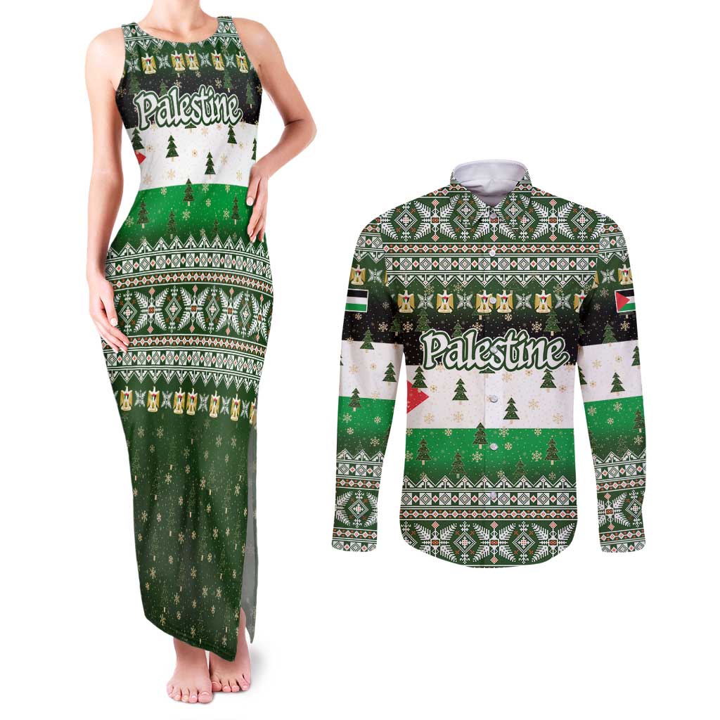 Palestine Christmas Couples Matching Tank Maxi Dress and Long Sleeve Button Shirt with Green-White Theme, Tree Ornaments, and Nativity Scene Motif - Wonder Print Shop