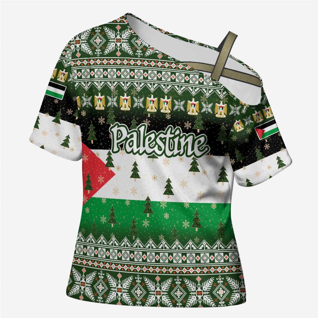 Palestine Christmas Cross Shoulder Shirt with Green-White Theme, Tree Ornaments, and Nativity Scene Motif - Wonder Print Shop
