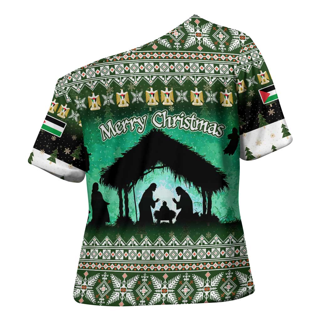 Palestine Christmas Cross Shoulder Shirt with Green-White Theme, Tree Ornaments, and Nativity Scene Motif - Wonder Print Shop