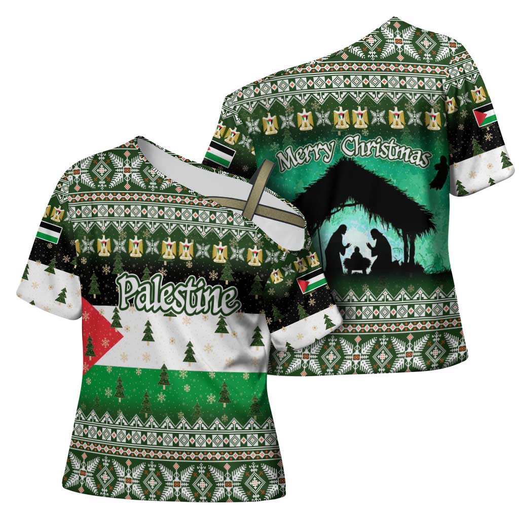 Palestine Christmas Cross Shoulder Shirt with Green-White Theme, Tree Ornaments, and Nativity Scene Motif - Wonder Print Shop