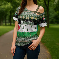 Palestine Christmas Cross Shoulder Shirt with Green-White Theme, Tree Ornaments, and Nativity Scene Motif - Wonder Print Shop