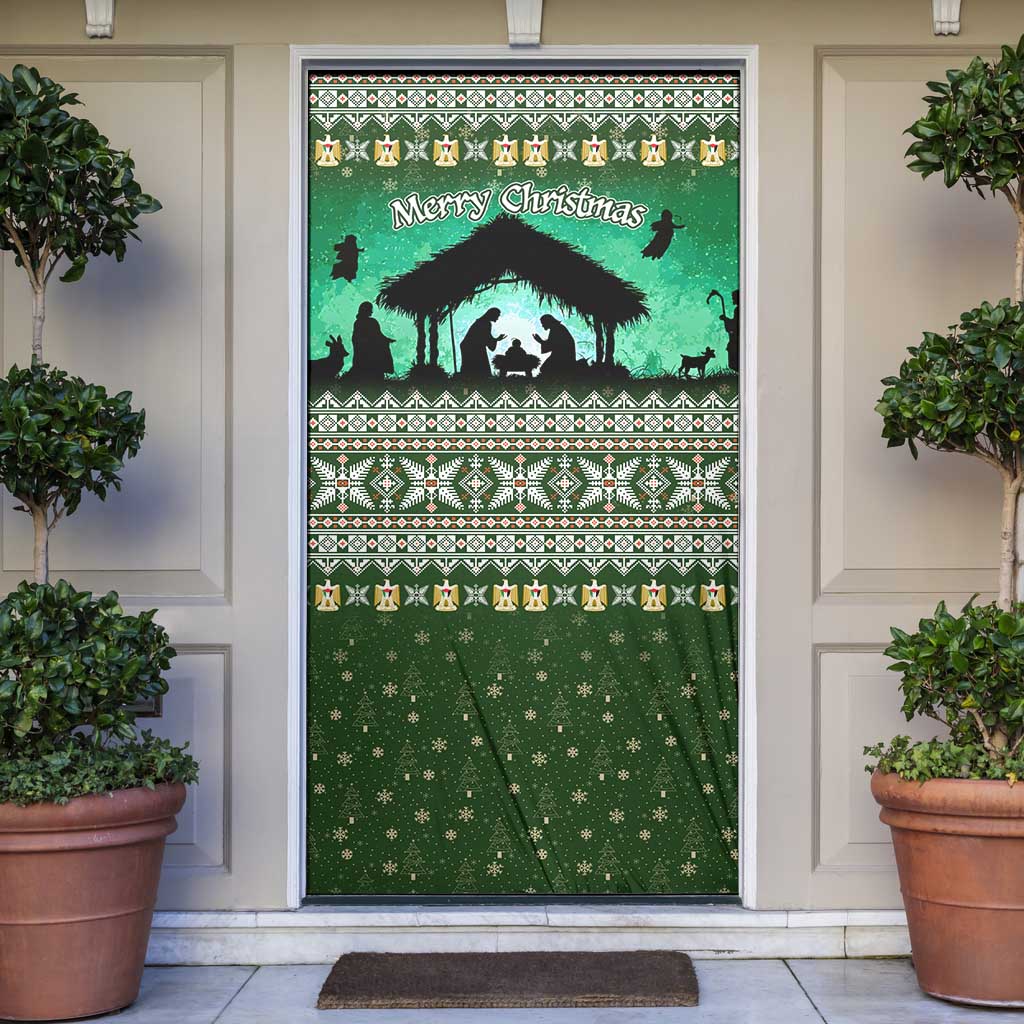 Palestine Christmas Door Cover with Green-White Theme, Tree Ornaments, and Nativity Scene Motif - Wonder Print Shop