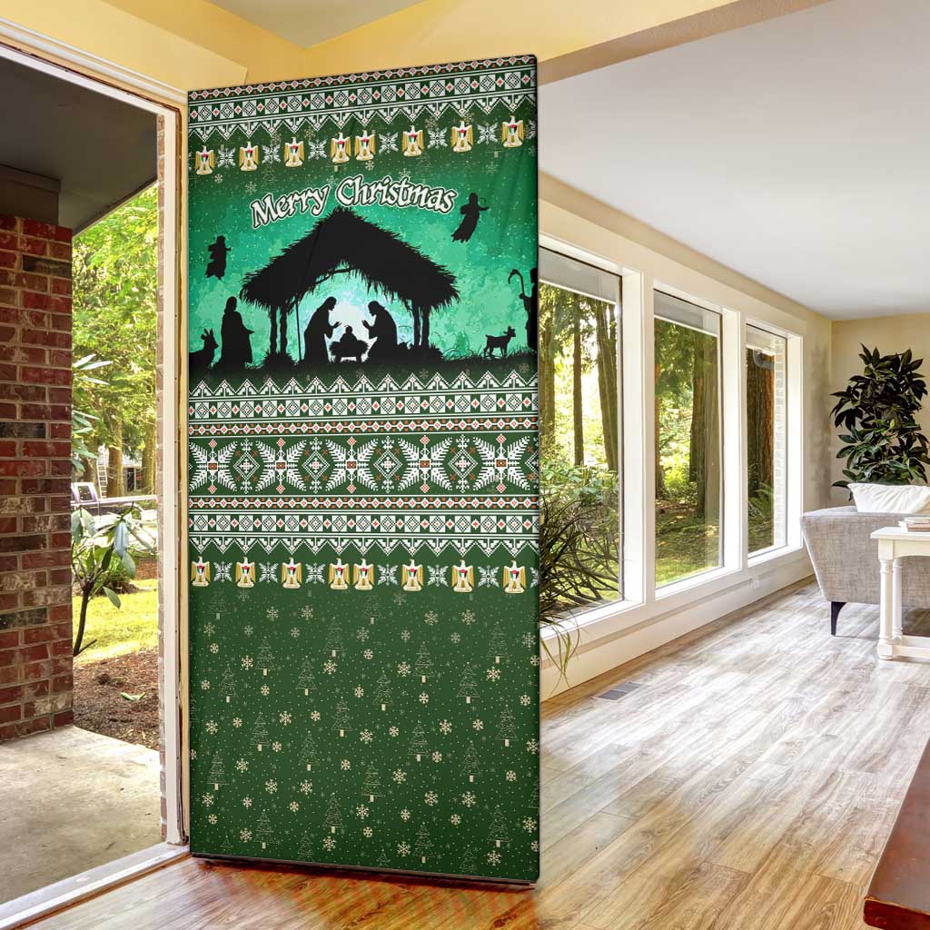 Palestine Christmas Door Cover with Green-White Theme, Tree Ornaments, and Nativity Scene Motif - Wonder Print Shop