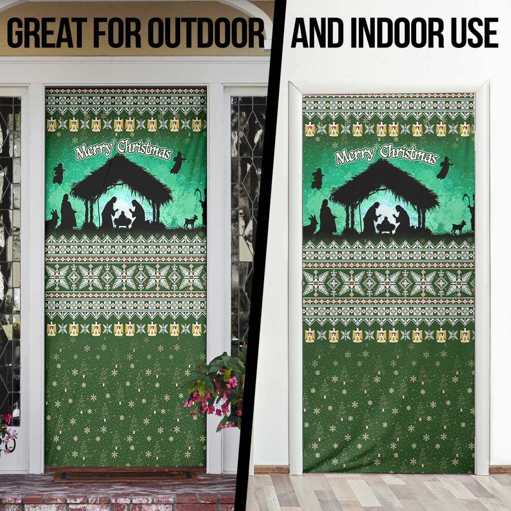 Palestine Christmas Door Cover with Green-White Theme, Tree Ornaments, and Nativity Scene Motif - Wonder Print Shop