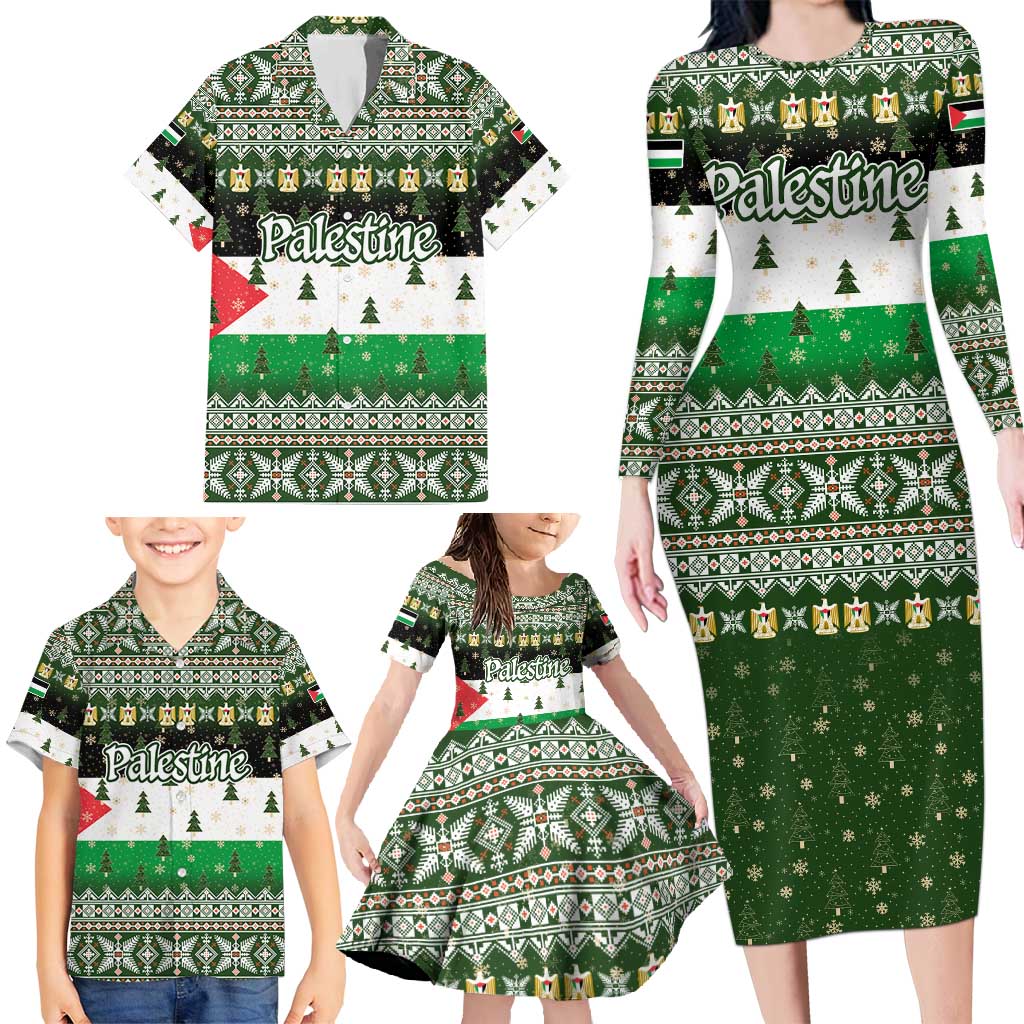 Palestine Christmas Family Matching Long Sleeve Bodycon Dress and Hawaiian Shirt with Green-White Theme, Tree Ornaments, and Nativity Scene Motif - Wonder Print Shop