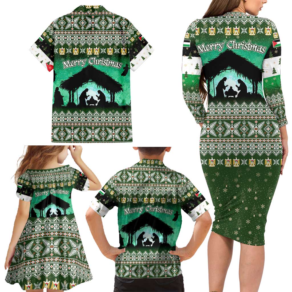 Palestine Christmas Family Matching Long Sleeve Bodycon Dress and Hawaiian Shirt with Green-White Theme, Tree Ornaments, and Nativity Scene Motif - Wonder Print Shop