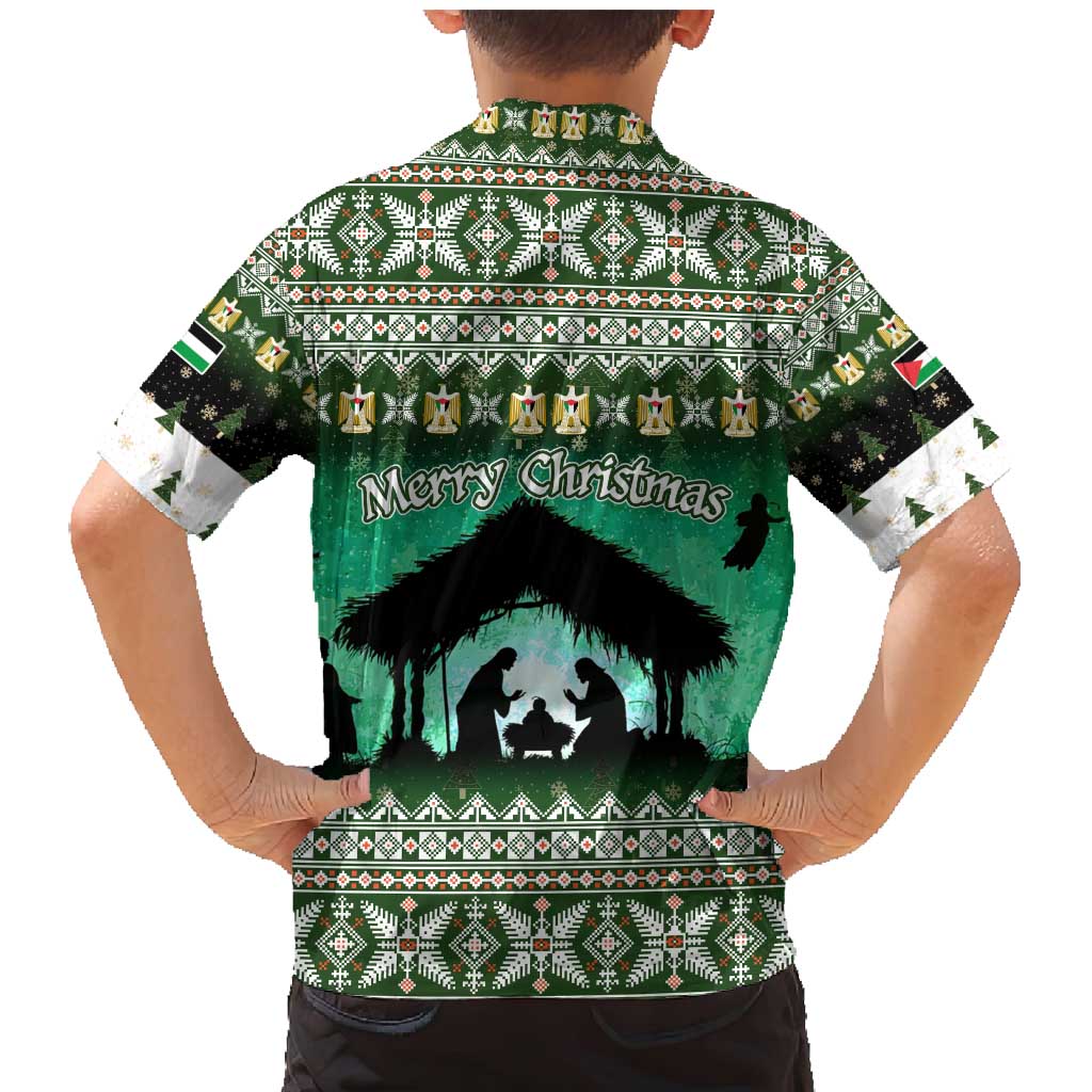 Palestine Christmas Family Matching Mermaid Dress and Hawaiian Shirt with Green-White Theme, Tree Ornaments, and Nativity Scene Motif - Wonder Print Shop