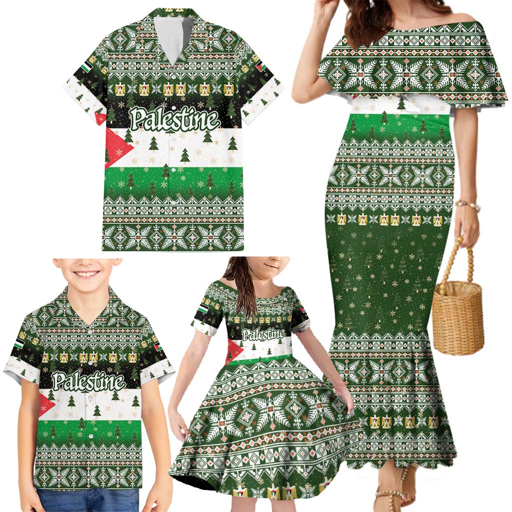 Palestine Christmas Family Matching Mermaid Dress and Hawaiian Shirt with Green-White Theme, Tree Ornaments, and Nativity Scene Motif - Wonder Print Shop