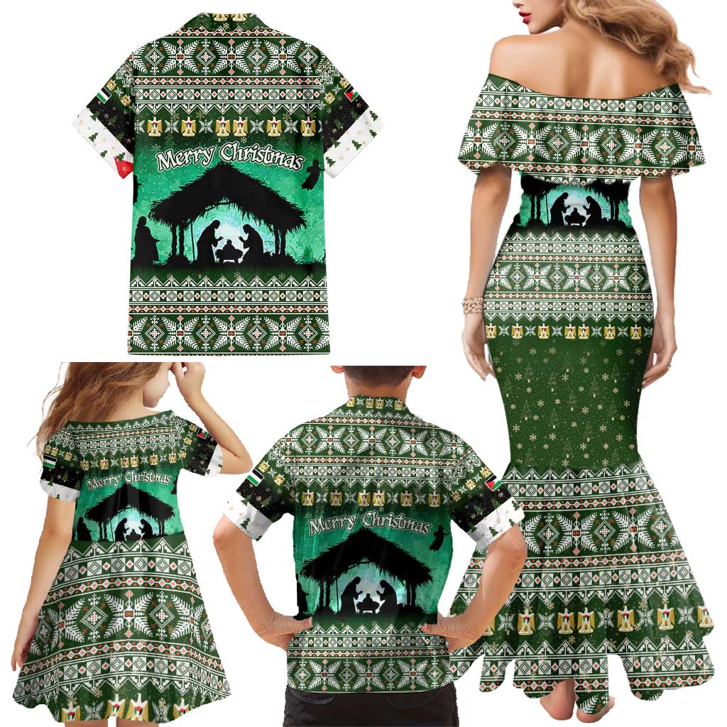 Palestine Christmas Family Matching Mermaid Dress and Hawaiian Shirt with Green-White Theme, Tree Ornaments, and Nativity Scene Motif - Wonder Print Shop