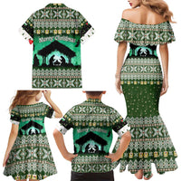 Palestine Christmas Family Matching Mermaid Dress and Hawaiian Shirt with Green-White Theme, Tree Ornaments, and Nativity Scene Motif - Wonder Print Shop