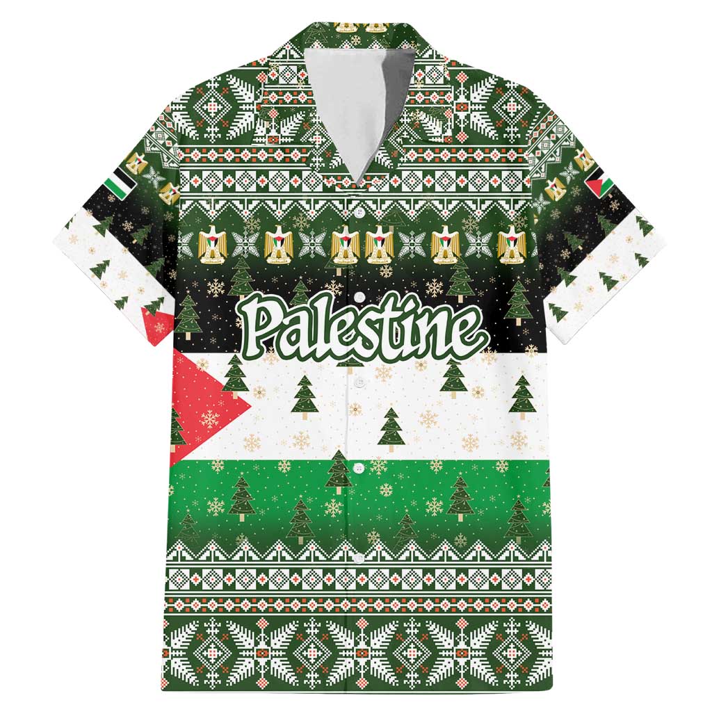 Palestine Christmas Family Matching Mermaid Dress and Hawaiian Shirt with Green-White Theme, Tree Ornaments, and Nativity Scene Motif - Wonder Print Shop