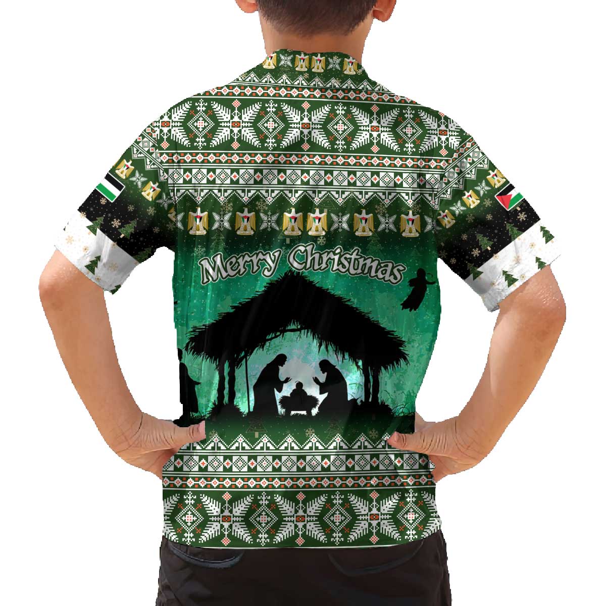 Palestine Christmas Family Matching Off The Shoulder Long Sleeve Dress and Hawaiian Shirt with Green-White Theme, Tree Ornaments, and Nativity Scene Motif - Wonder Print Shop
