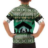 Palestine Christmas Family Matching Off The Shoulder Long Sleeve Dress and Hawaiian Shirt with Green-White Theme, Tree Ornaments, and Nativity Scene Motif - Wonder Print Shop