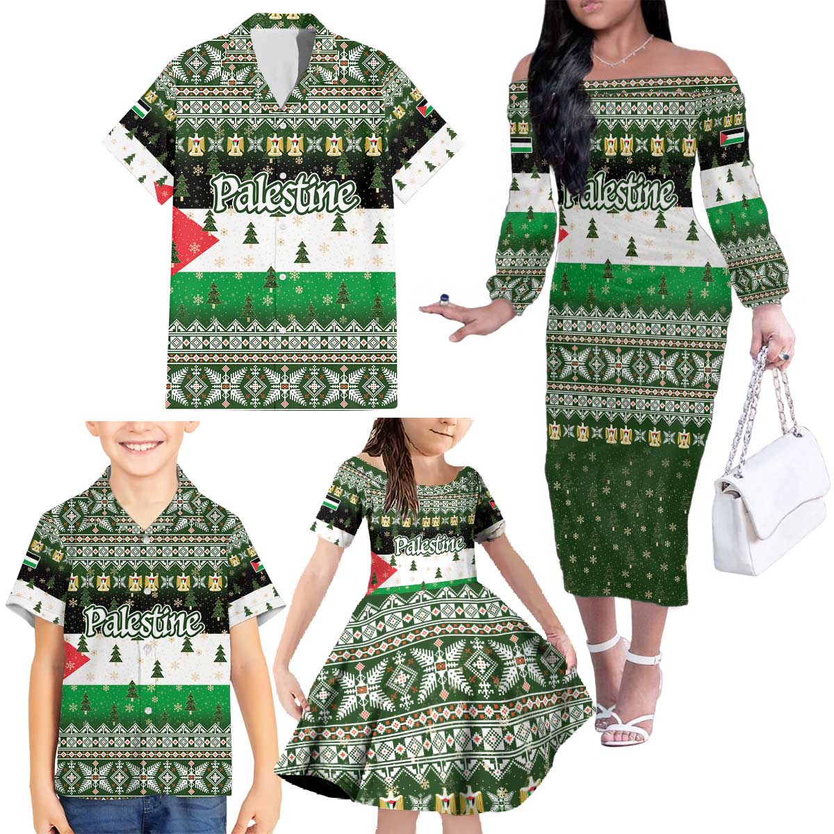Palestine Christmas Family Matching Off The Shoulder Long Sleeve Dress and Hawaiian Shirt with Green-White Theme, Tree Ornaments, and Nativity Scene Motif - Wonder Print Shop