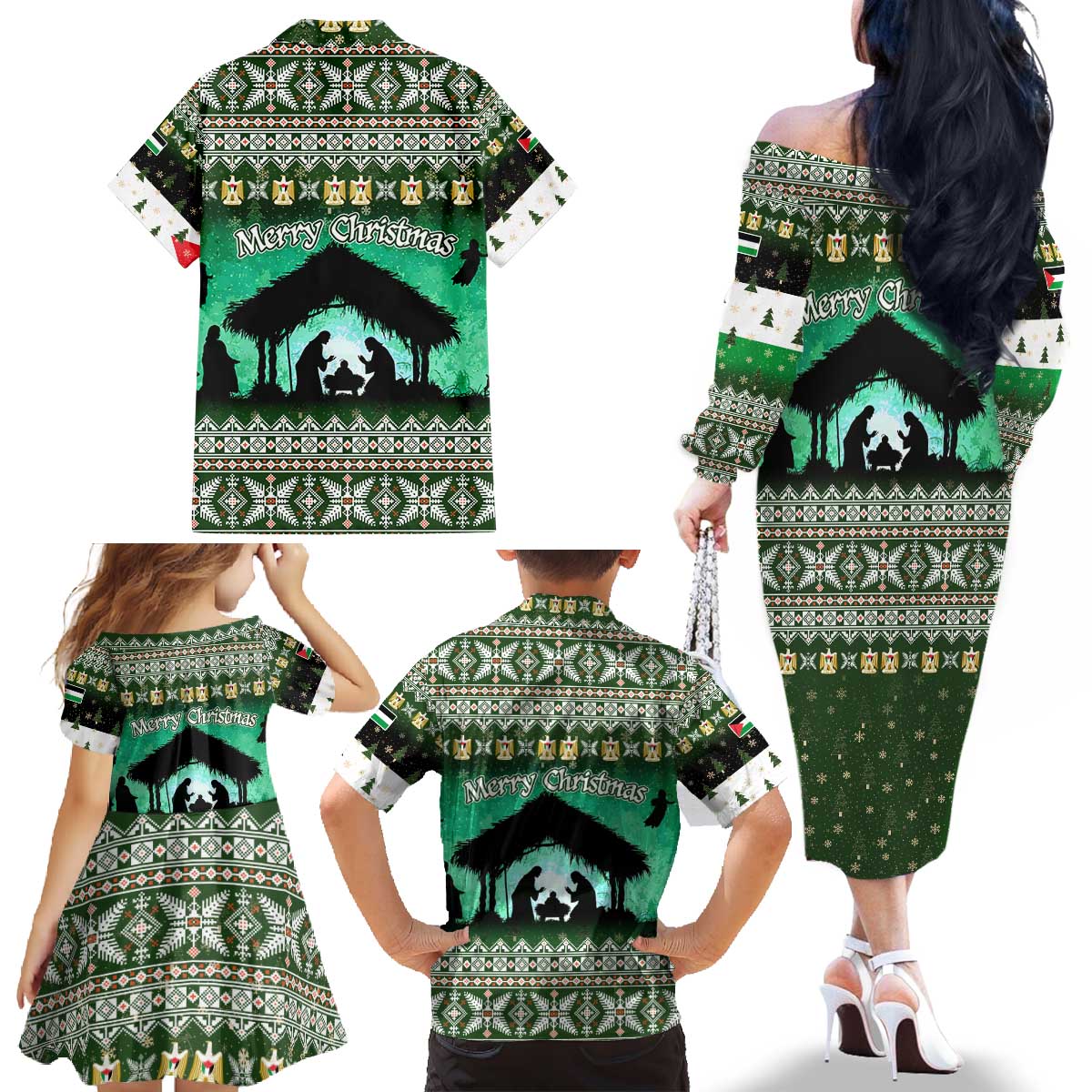 Palestine Christmas Family Matching Off The Shoulder Long Sleeve Dress and Hawaiian Shirt with Green-White Theme, Tree Ornaments, and Nativity Scene Motif - Wonder Print Shop