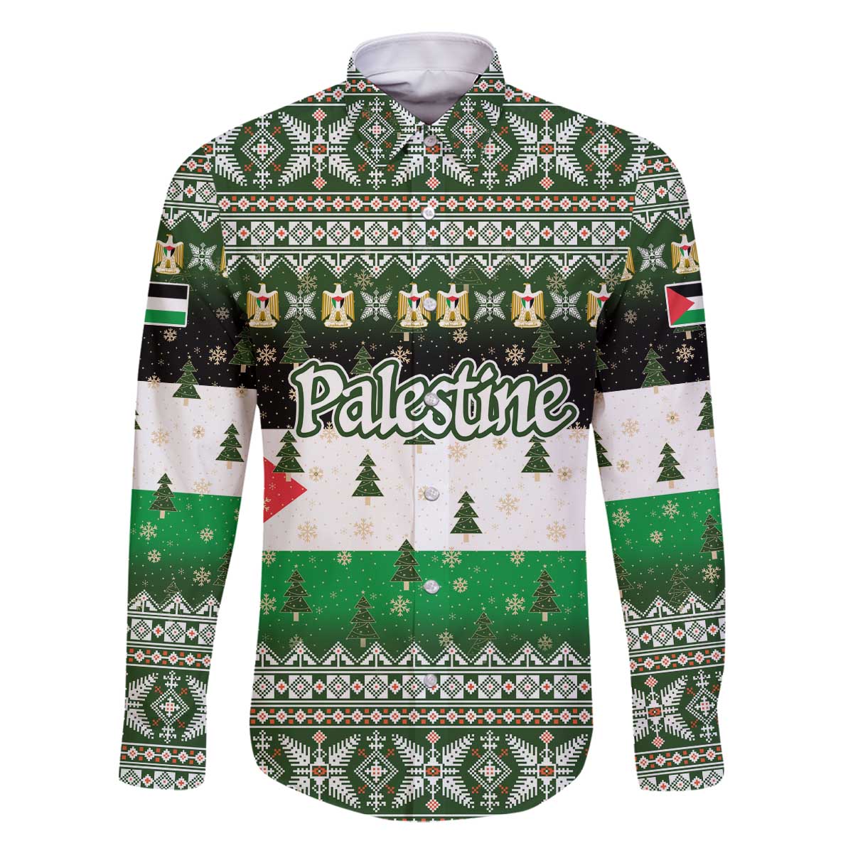 Palestine Christmas Family Matching Off The Shoulder Long Sleeve Dress and Hawaiian Shirt with Green-White Theme, Tree Ornaments, and Nativity Scene Motif - Wonder Print Shop