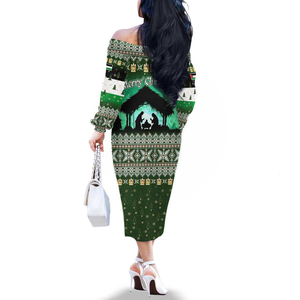 Palestine Christmas Family Matching Off The Shoulder Long Sleeve Dress and Hawaiian Shirt with Green-White Theme, Tree Ornaments, and Nativity Scene Motif - Wonder Print Shop
