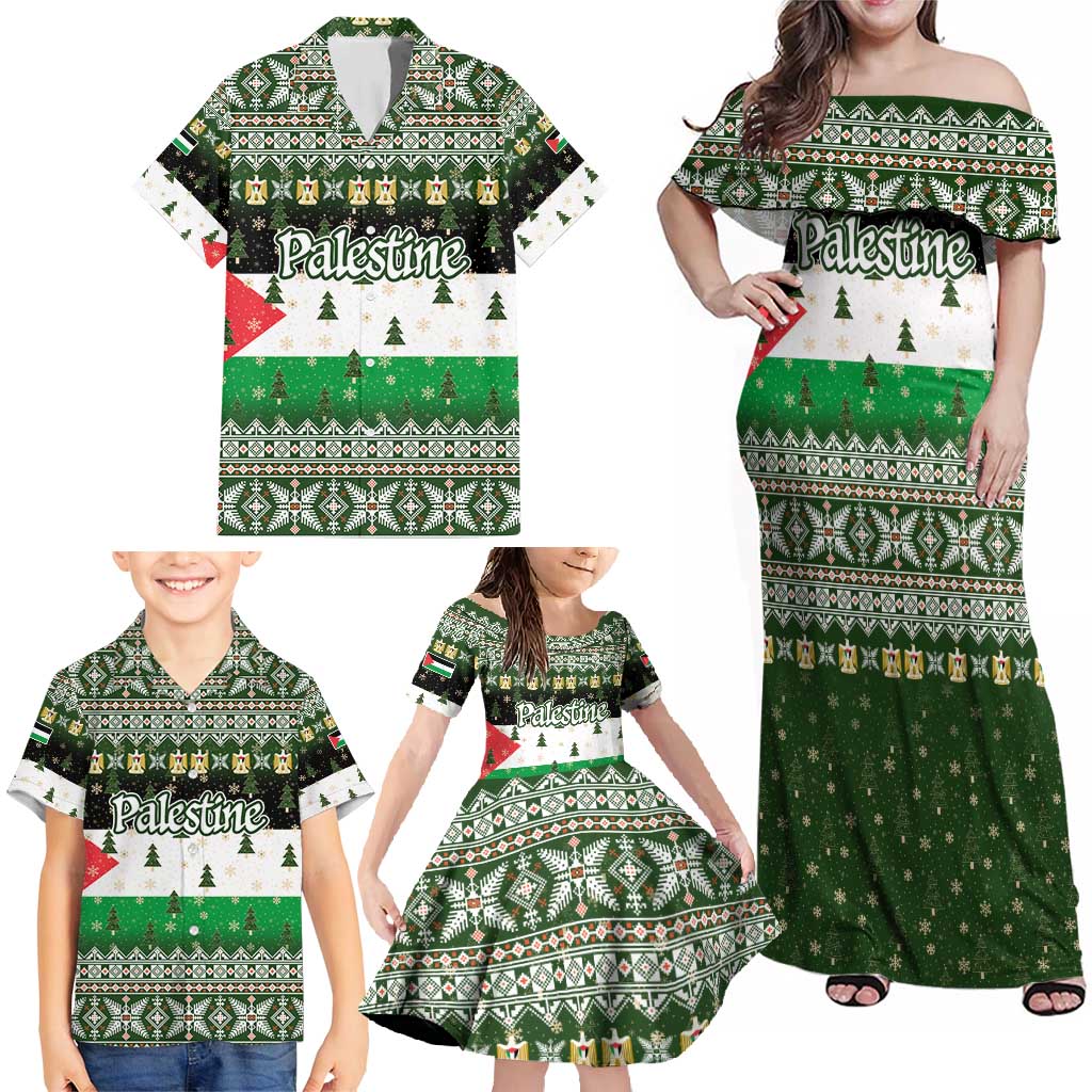 Palestine Christmas Family Matching Off Shoulder Maxi Dress and Hawaiian Shirt with Green-White Theme, Tree Ornaments, and Nativity Scene Motif - Wonder Print Shop