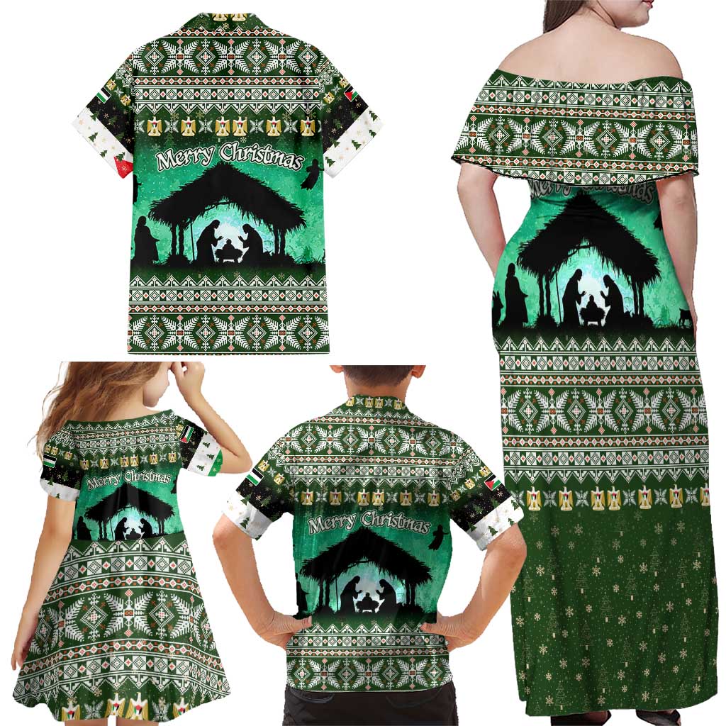 Palestine Christmas Family Matching Off Shoulder Maxi Dress and Hawaiian Shirt with Green-White Theme, Tree Ornaments, and Nativity Scene Motif - Wonder Print Shop