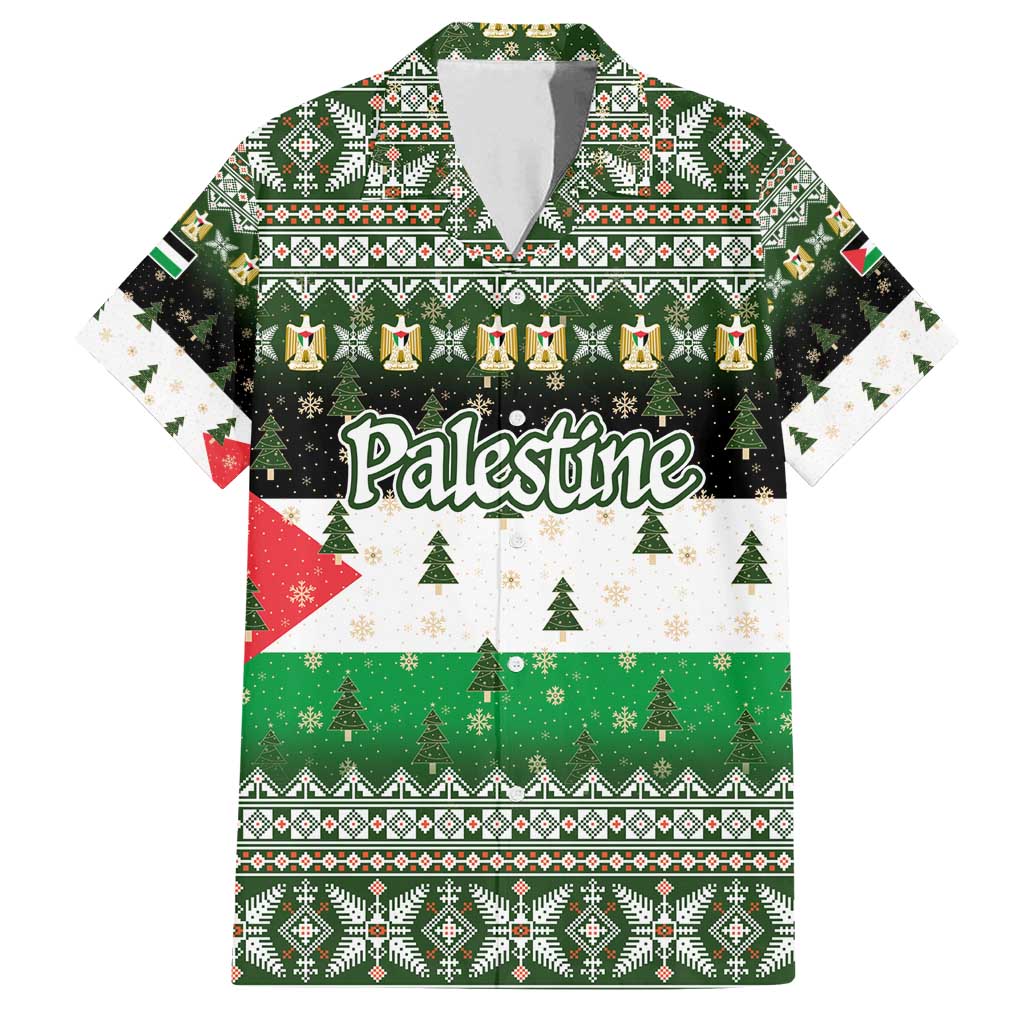 Palestine Christmas Family Matching Off Shoulder Maxi Dress and Hawaiian Shirt with Green-White Theme, Tree Ornaments, and Nativity Scene Motif - Wonder Print Shop