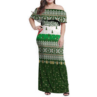 Palestine Christmas Family Matching Off Shoulder Maxi Dress and Hawaiian Shirt with Green-White Theme, Tree Ornaments, and Nativity Scene Motif - Wonder Print Shop