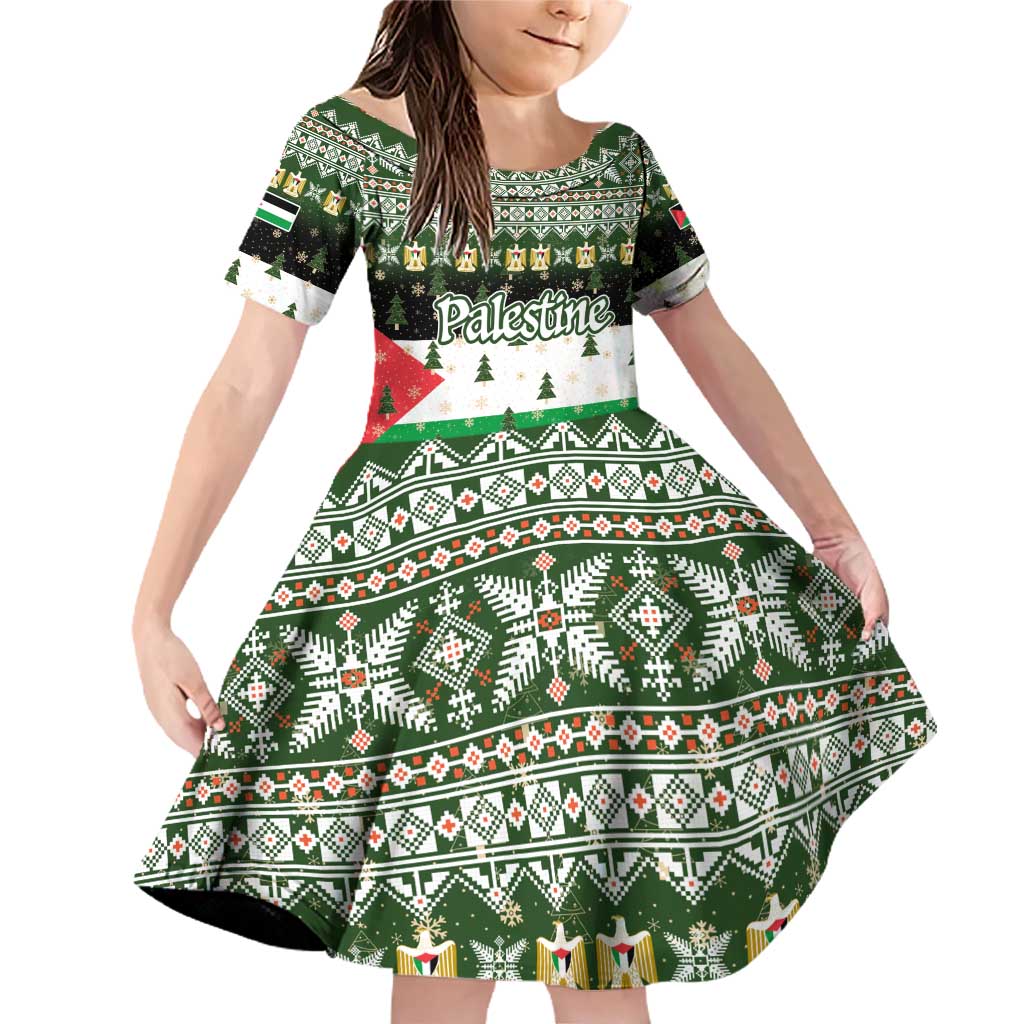 Palestine Christmas Family Matching Off Shoulder Short Dress and Hawaiian Shirt with Green-White Theme, Tree Ornaments, and Nativity Scene Motif - Wonder Print Shop