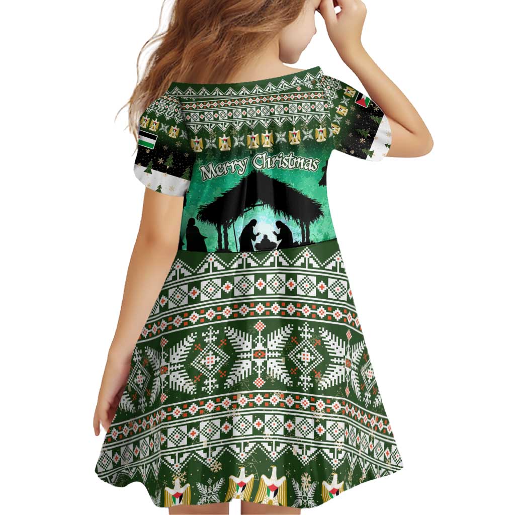 Palestine Christmas Family Matching Off Shoulder Short Dress and Hawaiian Shirt with Green-White Theme, Tree Ornaments, and Nativity Scene Motif - Wonder Print Shop