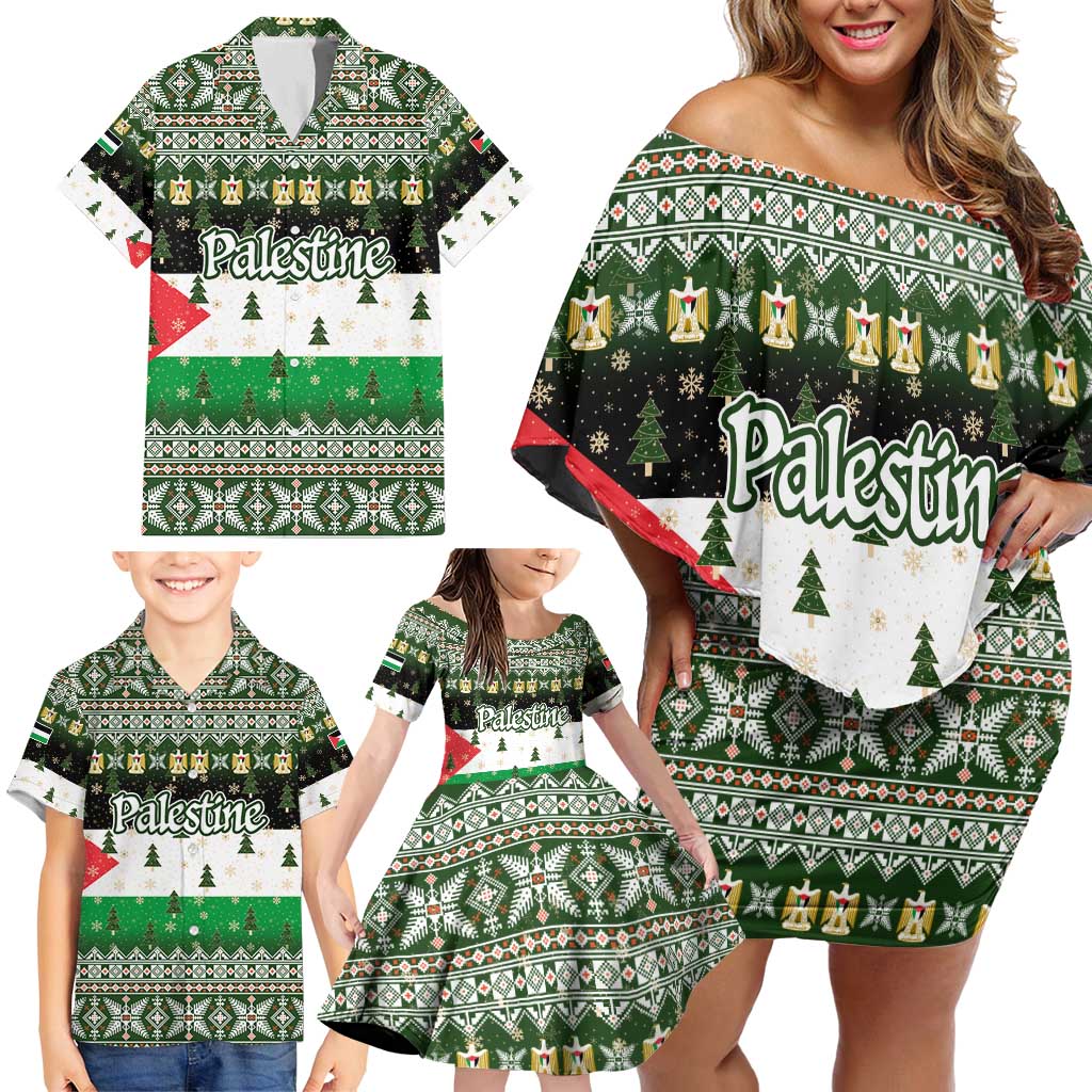 Palestine Christmas Family Matching Off Shoulder Short Dress and Hawaiian Shirt with Green-White Theme, Tree Ornaments, and Nativity Scene Motif - Wonder Print Shop