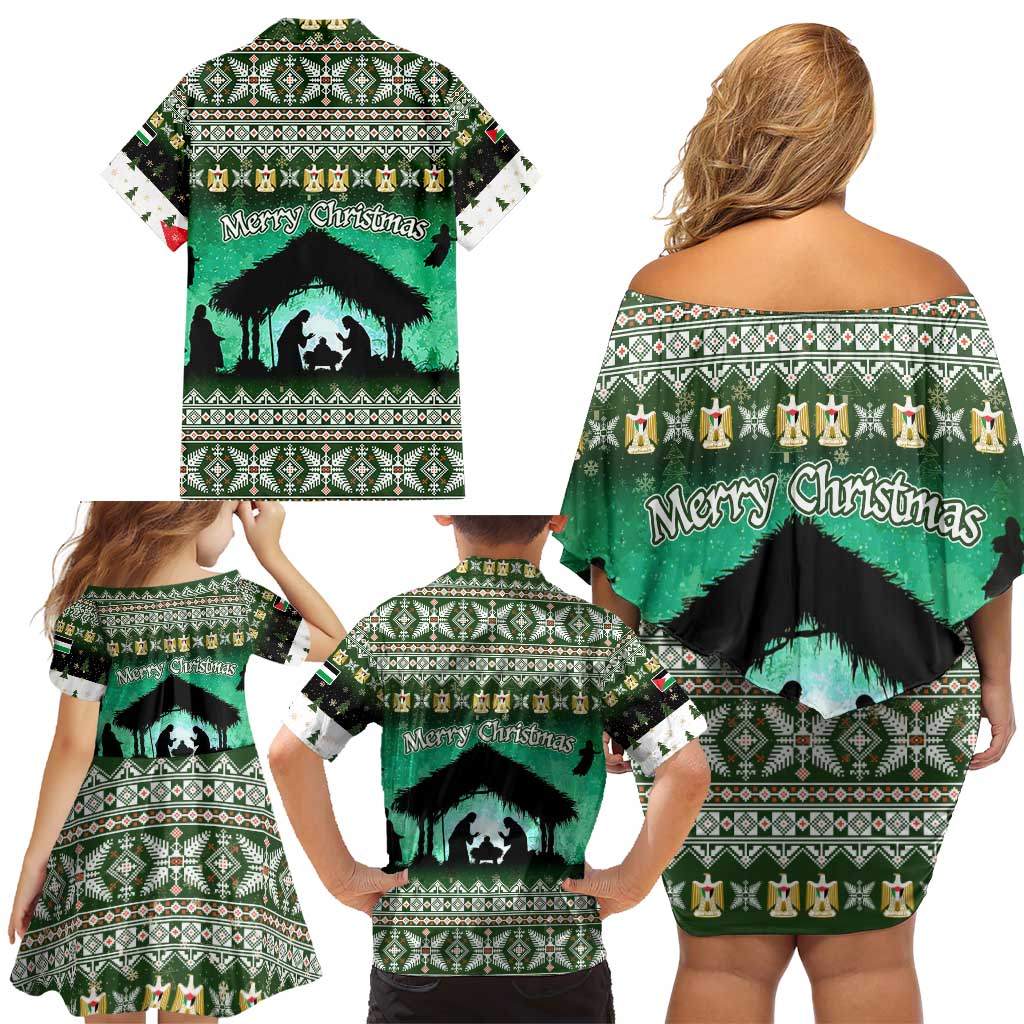 Palestine Christmas Family Matching Off Shoulder Short Dress and Hawaiian Shirt with Green-White Theme, Tree Ornaments, and Nativity Scene Motif - Wonder Print Shop
