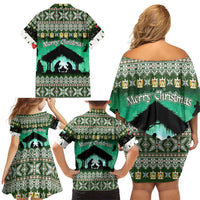 Palestine Christmas Family Matching Off Shoulder Short Dress and Hawaiian Shirt with Green-White Theme, Tree Ornaments, and Nativity Scene Motif - Wonder Print Shop
