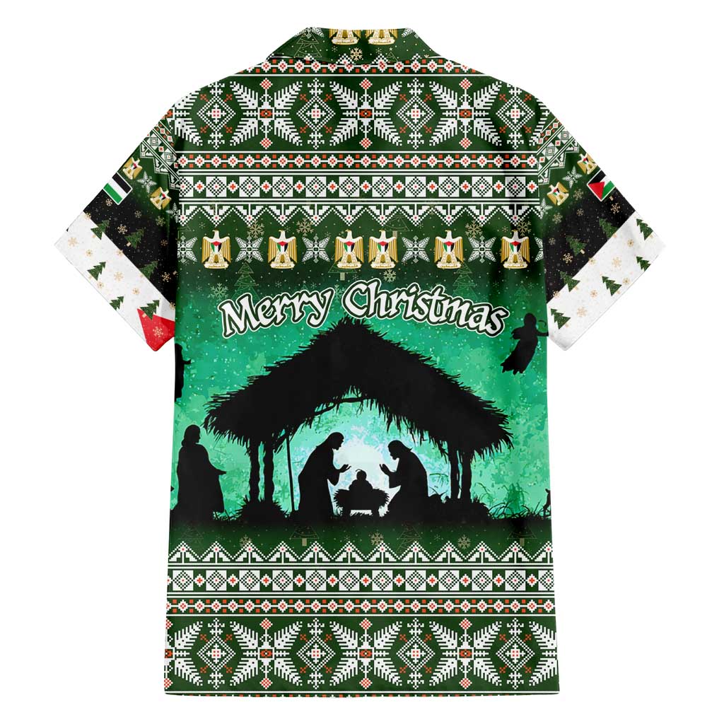 Palestine Christmas Family Matching Off Shoulder Short Dress and Hawaiian Shirt with Green-White Theme, Tree Ornaments, and Nativity Scene Motif - Wonder Print Shop