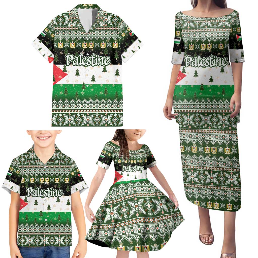 Palestine Christmas Family Matching Puletasi and Hawaiian Shirt with Green-White Theme, Tree Ornaments, and Nativity Scene Motif - Wonder Print Shop