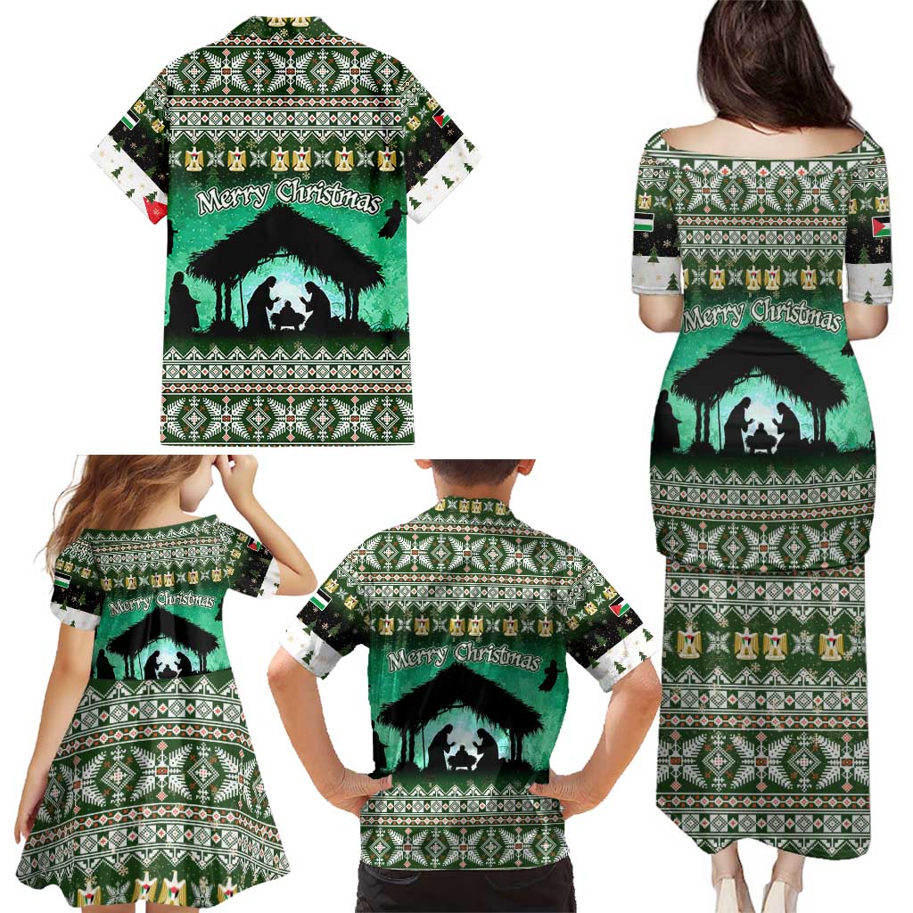 Palestine Christmas Family Matching Puletasi and Hawaiian Shirt with Green-White Theme, Tree Ornaments, and Nativity Scene Motif - Wonder Print Shop