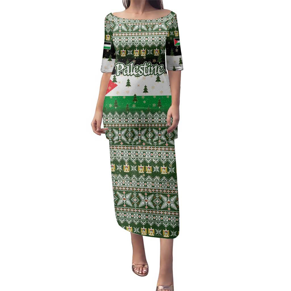 Palestine Christmas Family Matching Puletasi and Hawaiian Shirt with Green-White Theme, Tree Ornaments, and Nativity Scene Motif - Wonder Print Shop