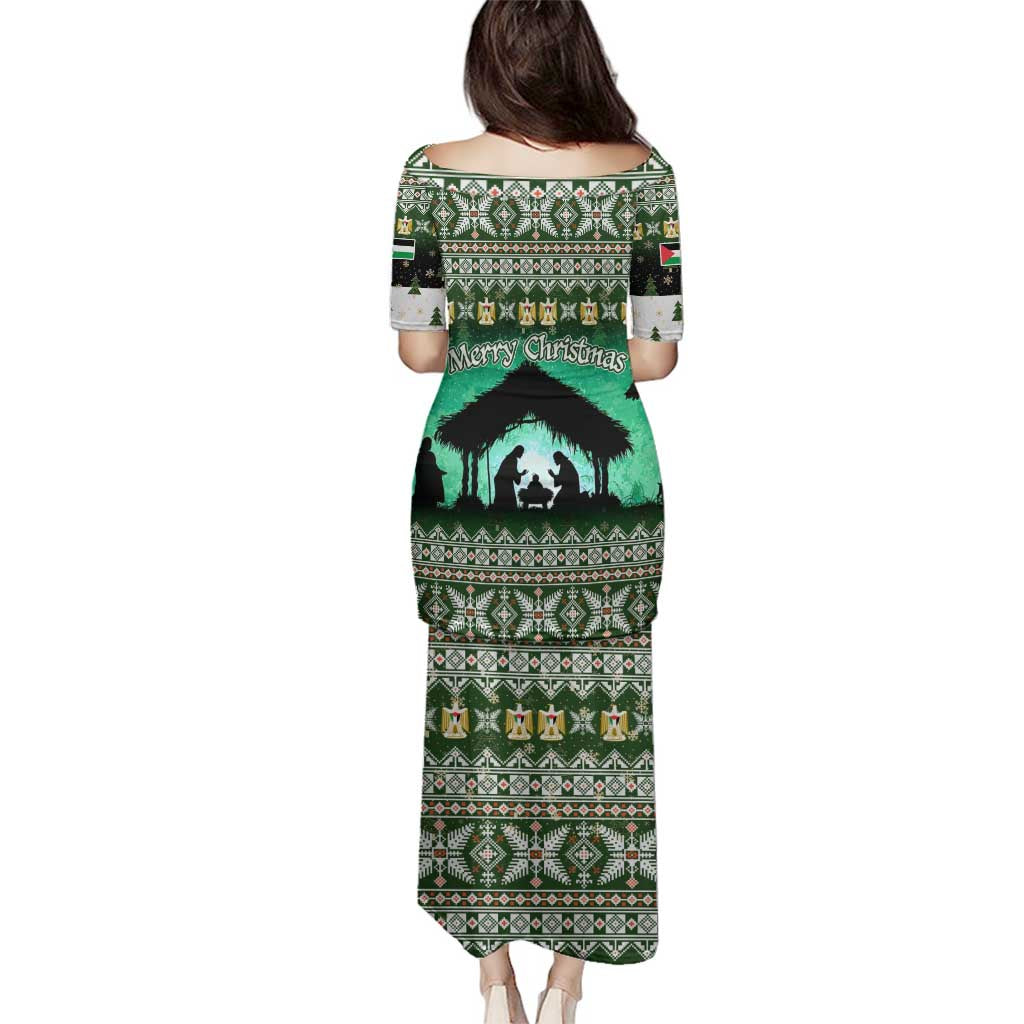 Palestine Christmas Family Matching Puletasi and Hawaiian Shirt with Green-White Theme, Tree Ornaments, and Nativity Scene Motif - Wonder Print Shop