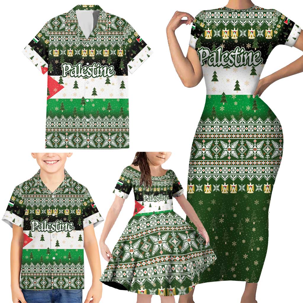 Palestine Christmas Family Matching Short Sleeve Bodycon Dress and Hawaiian Shirt with Green-White Theme, Tree Ornaments, and Nativity Scene Motif - Wonder Print Shop