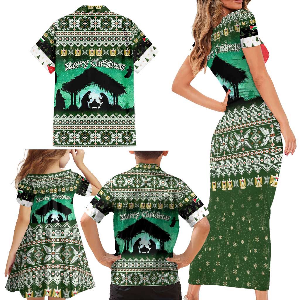Palestine Christmas Family Matching Short Sleeve Bodycon Dress and Hawaiian Shirt with Green-White Theme, Tree Ornaments, and Nativity Scene Motif - Wonder Print Shop