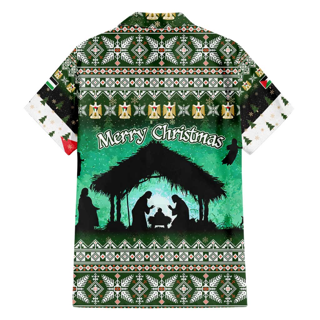 Palestine Christmas Family Matching Short Sleeve Bodycon Dress and Hawaiian Shirt with Green-White Theme, Tree Ornaments, and Nativity Scene Motif - Wonder Print Shop
